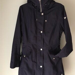 Guess Blue Trench Coat with Hood and Full-Length Zipper